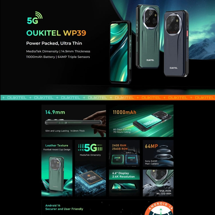 Oukitel WP39 Pro 5G Rugged Phone, 6GB+256GB, Night Vision, Fingerprint Identification, 6.6 inch MediaTek Dimensity 6100+ Octa Core, NFC, OTG, Network: 5G, WP39 5G Oukitel WP39 Pro 5G Rugged Phone, 6GB+256GB, Night Vision, Fingerprint Identification, 6.6 inch MediaTek Dimensity 6100+ Octa Core, NFC, OTG, Network: 5G, WP39 5G